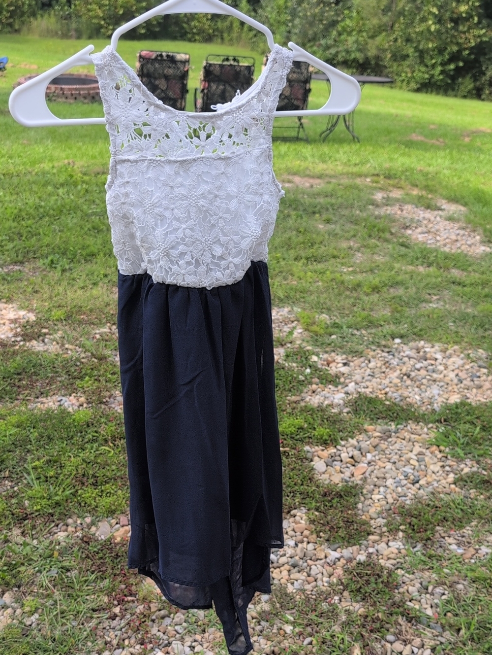 Lace Bodice Navy Skirt Girls Formal Dress - White and Navy